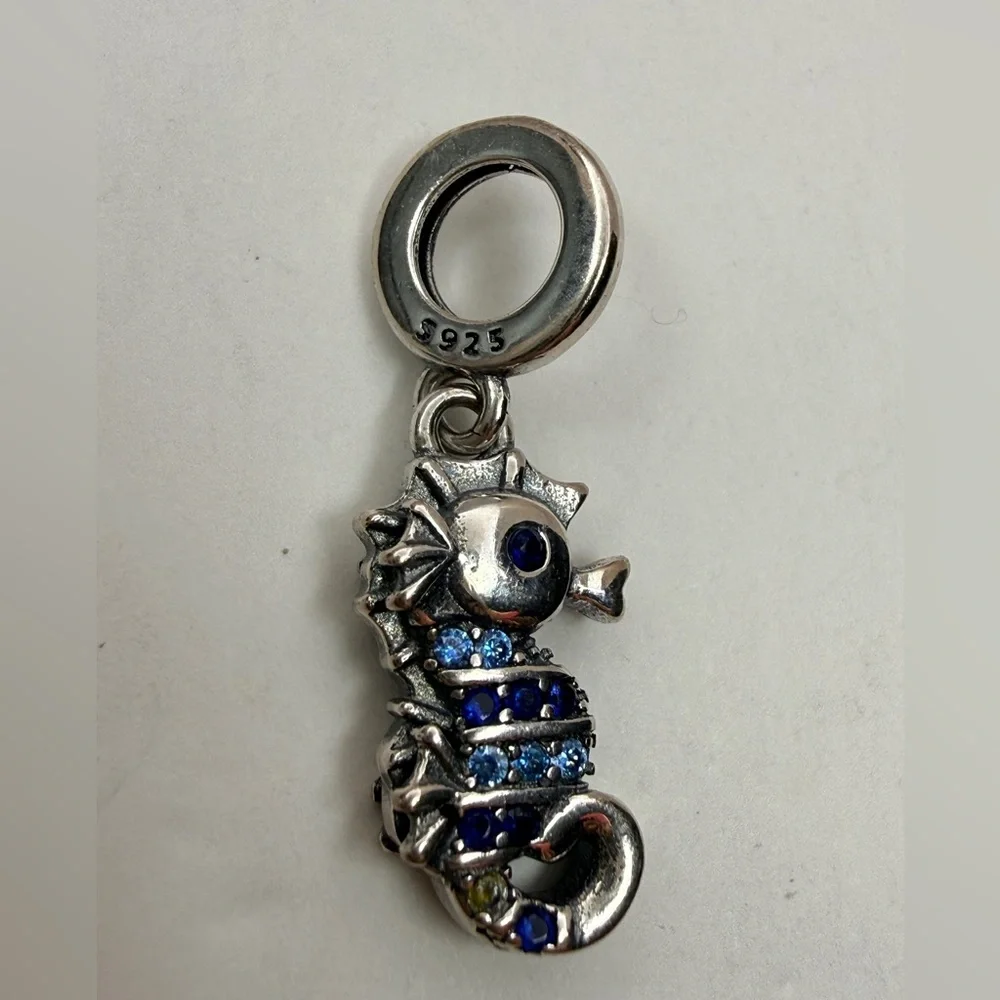 Sterling Silver Blue Seahorse Dangle Charm – S925